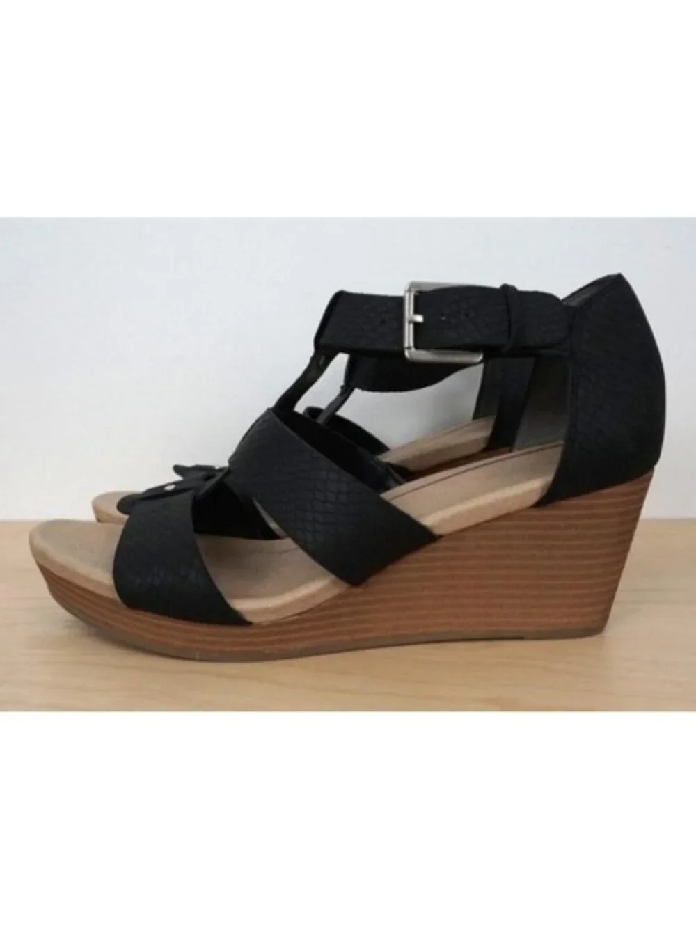 Dr. Scholls Black Barton Ankle Strappy Wedge Faux Leather Sandal Women's 9M